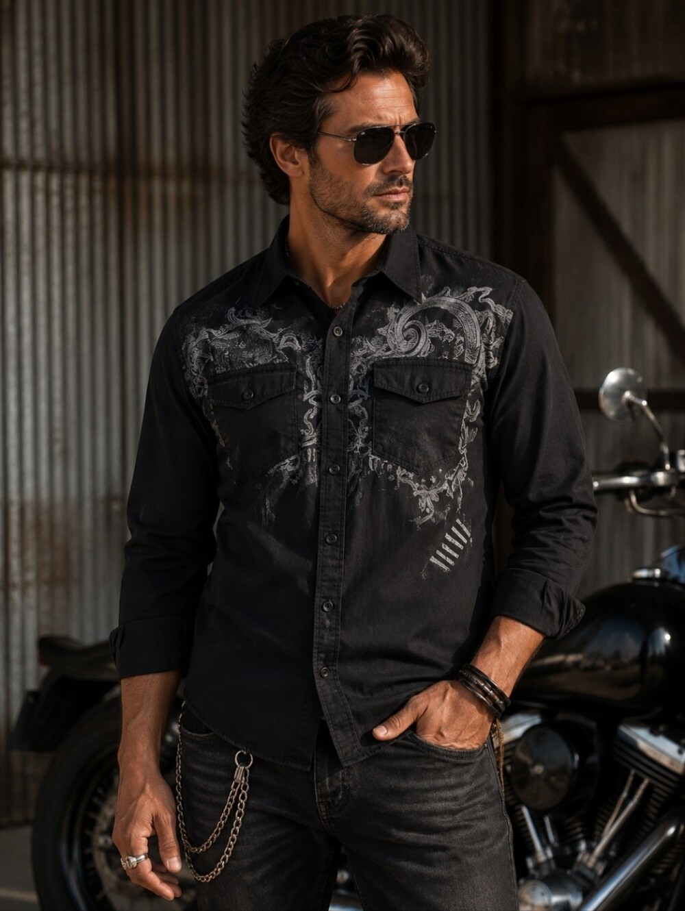 Black Men's Button-Up Shirt Jacket with Subtle Graphic